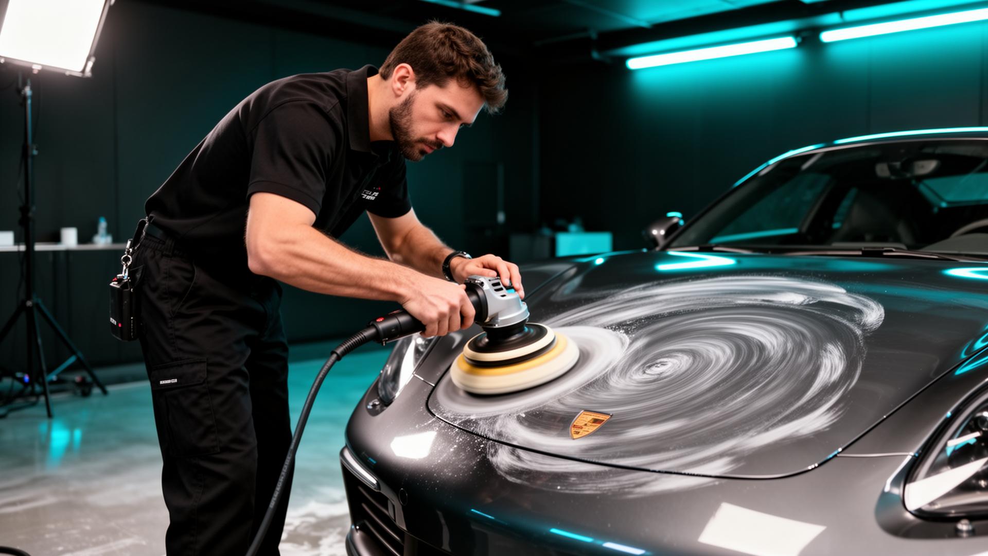 Professional detailer polishing a luxury sports car