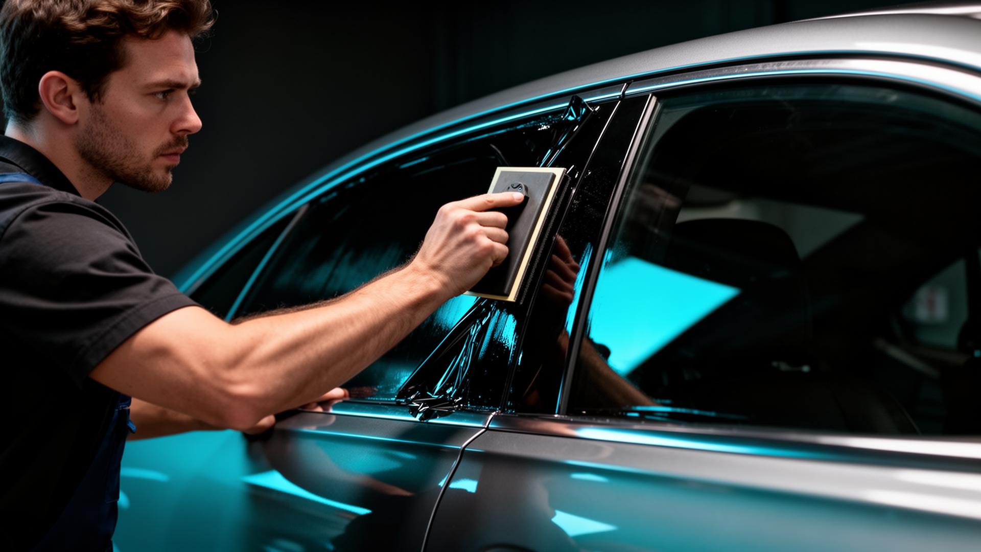Installer applying tint film to a car window